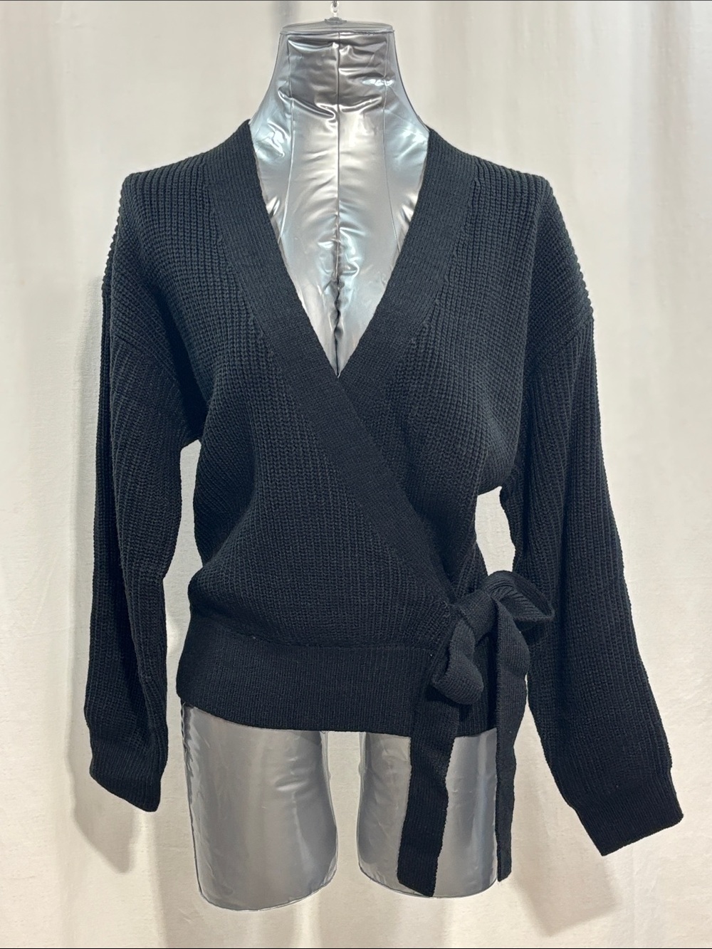 Women’s Black Faux Wrap-Front V-Neck Side-Tie Knit Sweater 343 stretch trendy
